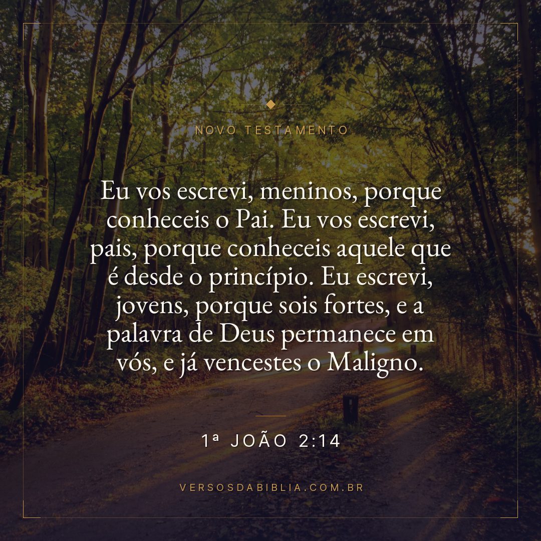 1ª João 2:14 — Eu vos escrevi, meninos, porque conheceis o Pai. Eu vos escrevi, pais, porque conheceis aquele que é desde o princípio. Eu escrevi, jovens, porque sois fortes, e a palavra de Deus permanece em vós, e já vencestes o Maligno.