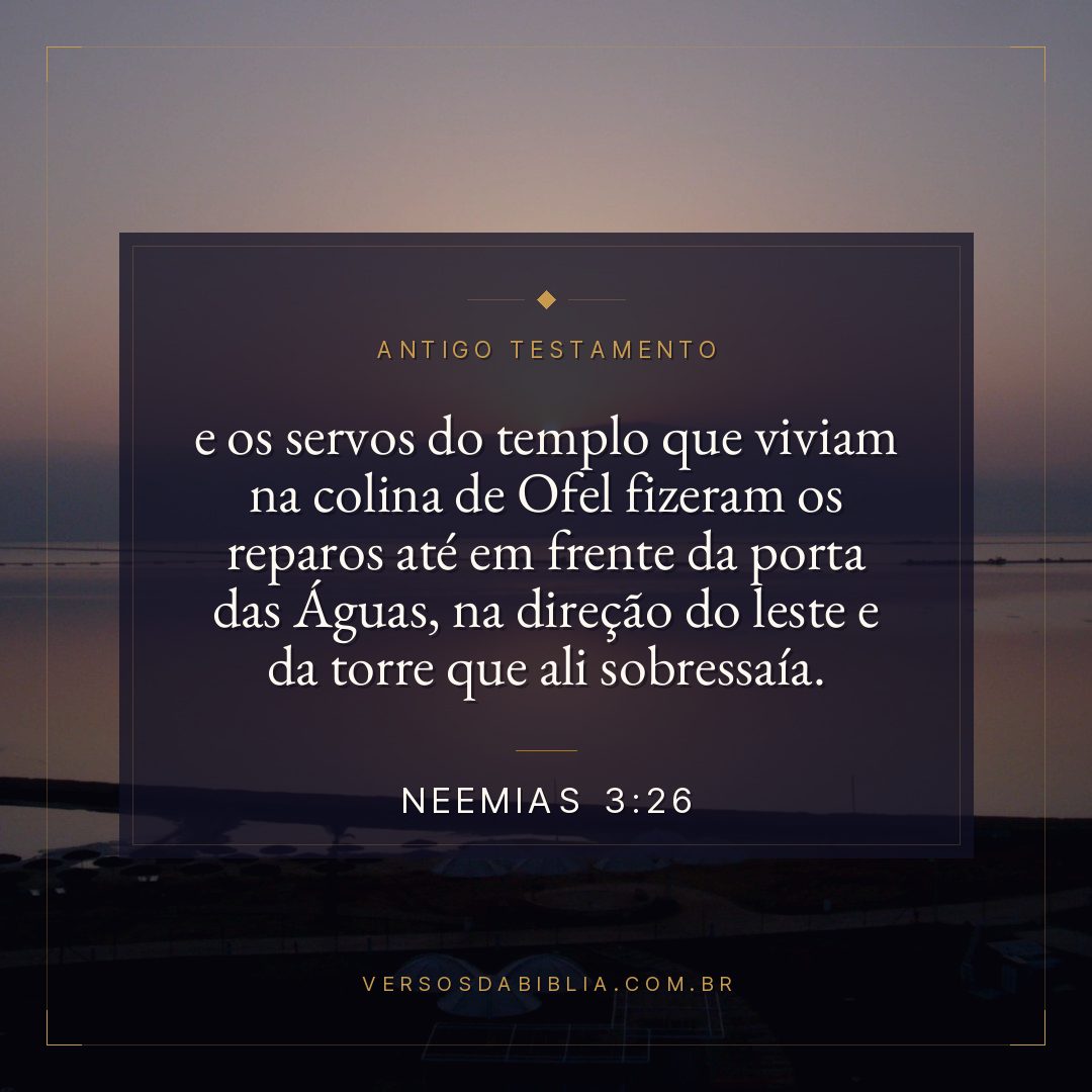 Neemias - 3 - 26 - e os servos do templo que viviam na colina de Ofel fizeram os reparos até em frente da porta das Águas