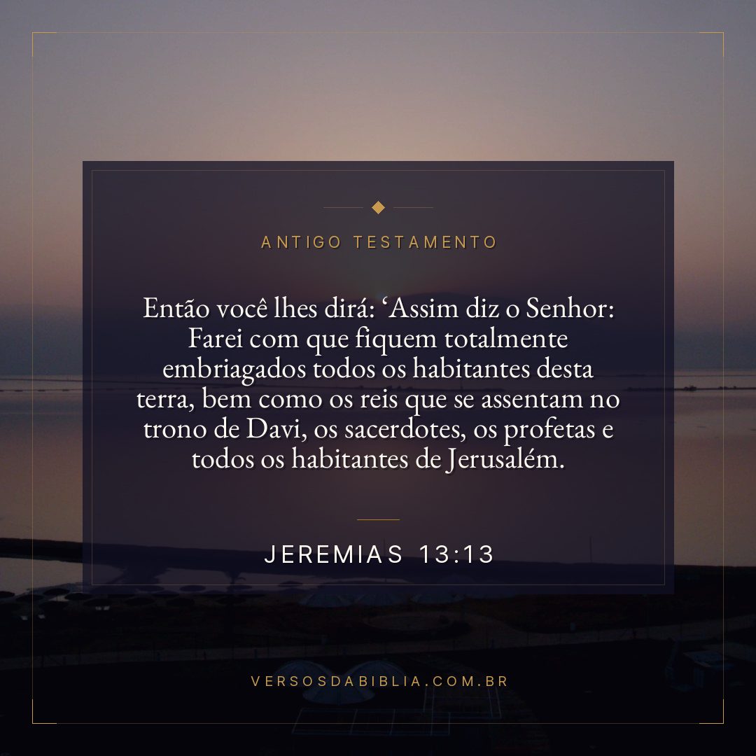 Jeremias - 13 - 13 - Então você lhes dirá: Assim diz o Senhor: Farei com que fiquem totalmente embriagados todos os habitantes desta terra