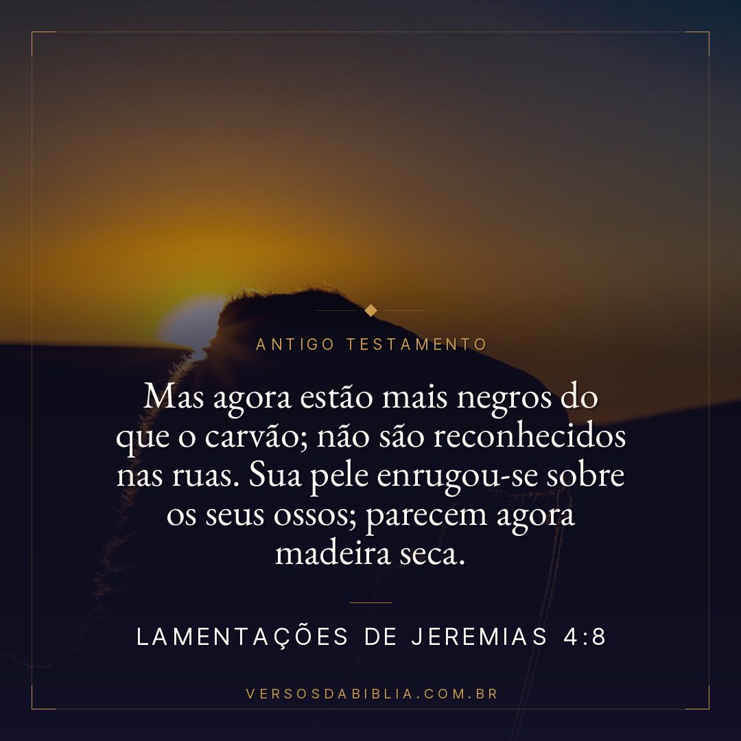 Lamentações de Jeremias - 4 - 8 - Mas agora estão mais negros do que o carvão; não são reconhecidos nas ruas. Sua pele enrugou-se sobre os seus ossos; parecem agora madeira seca.