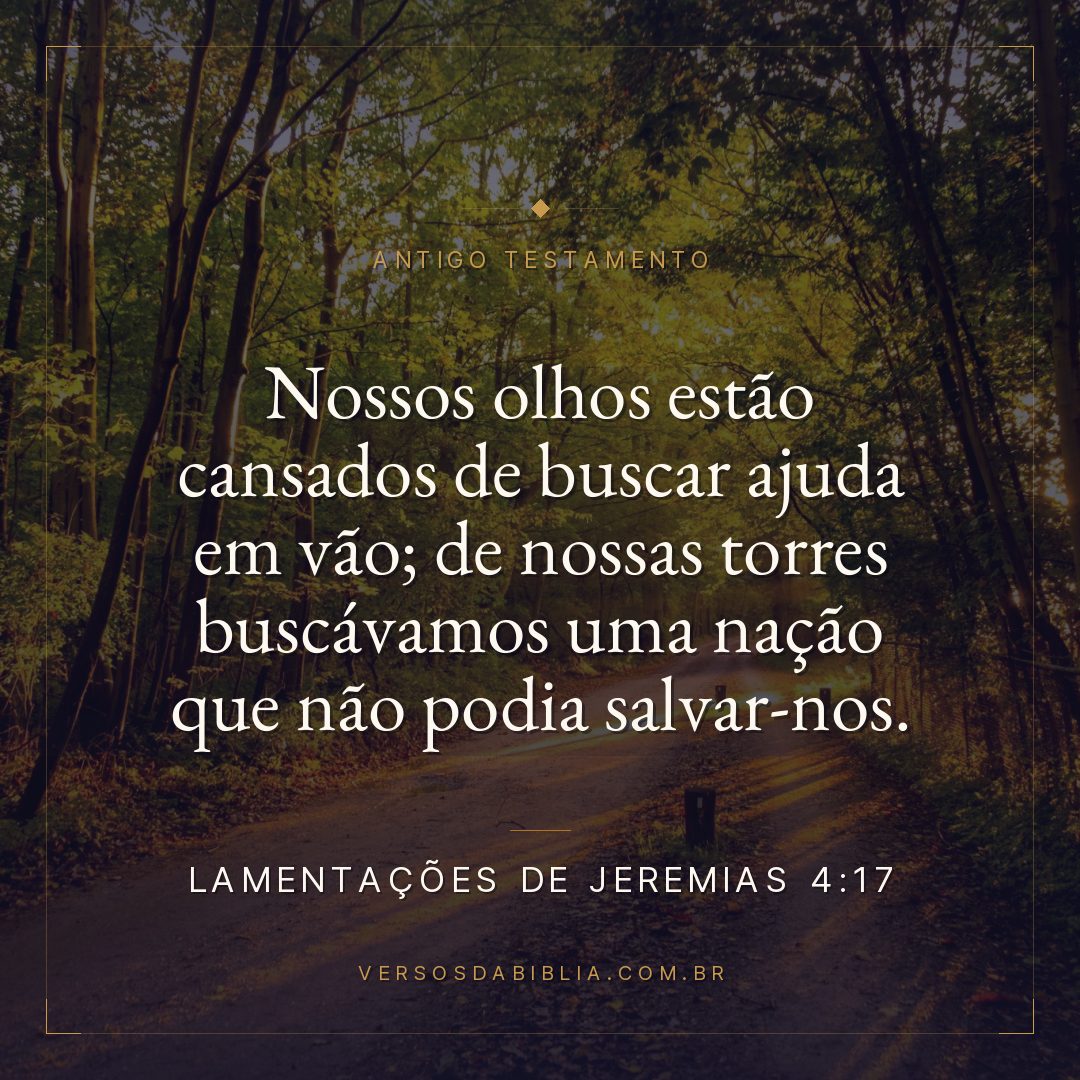 Lamentações de Jeremias - 4 - 17 - Nossos olhos estão cansados de buscar ajuda em vão; de nossas torres buscávamos uma nação que não podia salvar-nos.