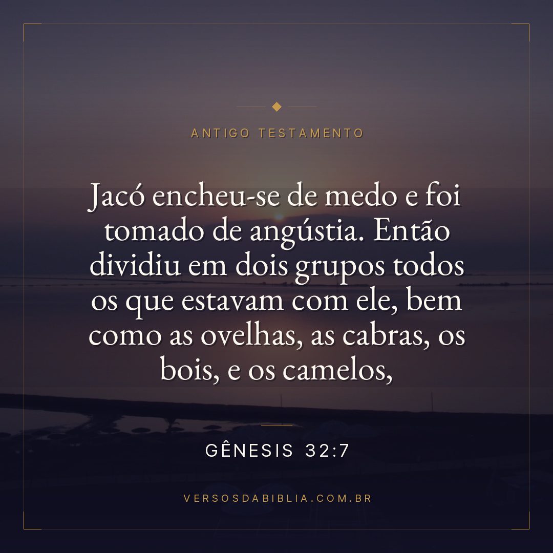Gênesis - 32 - 7 - Jacó encheu-se de medo e foi tomado de angústia. Então dividiu em dois grupos todos os que estavam com ele